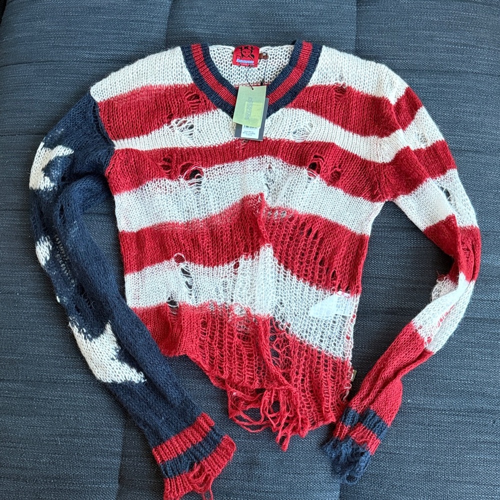 NWT Distressed Striped Knit Sweater - Red, White & Blue